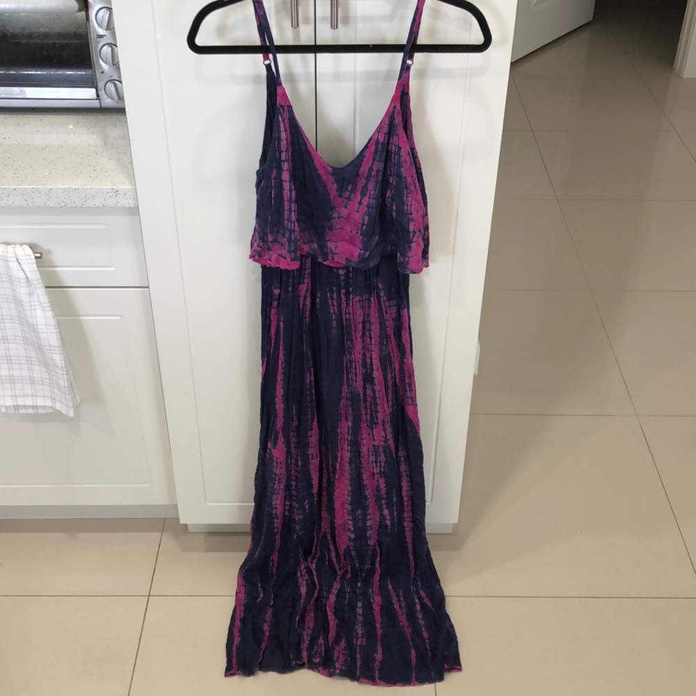 Japna, Size Small, woman’s spaghetti strap long dress, pink and navy blue